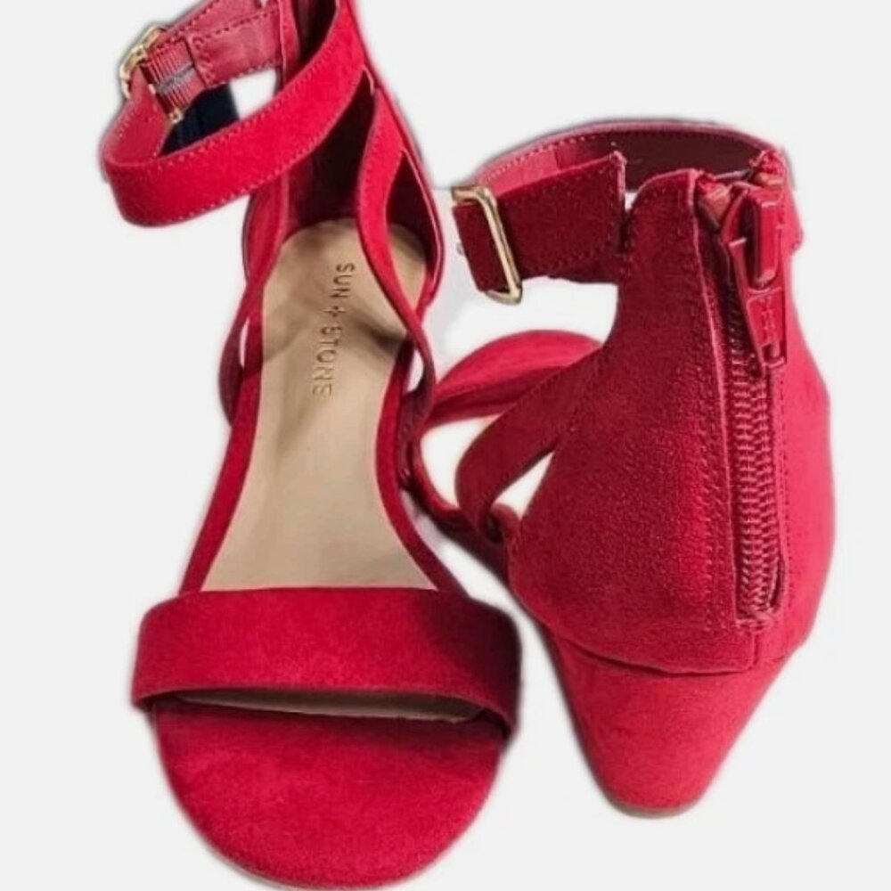 Sun + Stone Josie Red Suede Wedge Sandals Women’s Size 7M Ankle Strap - Picture 3 of 9